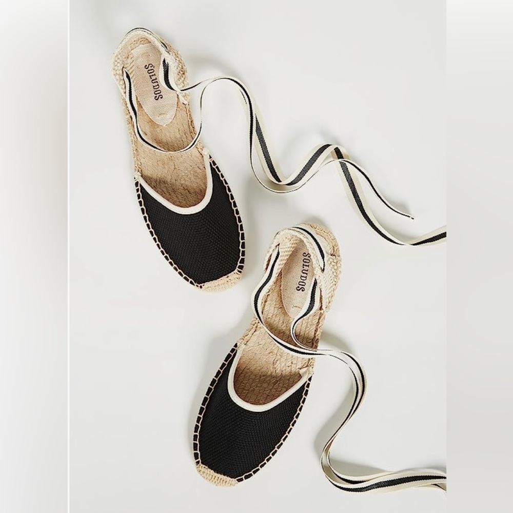 Soludos Women’s Classic Woven Sandal Espadrille Ankle Tie Ups Black & White sz 8